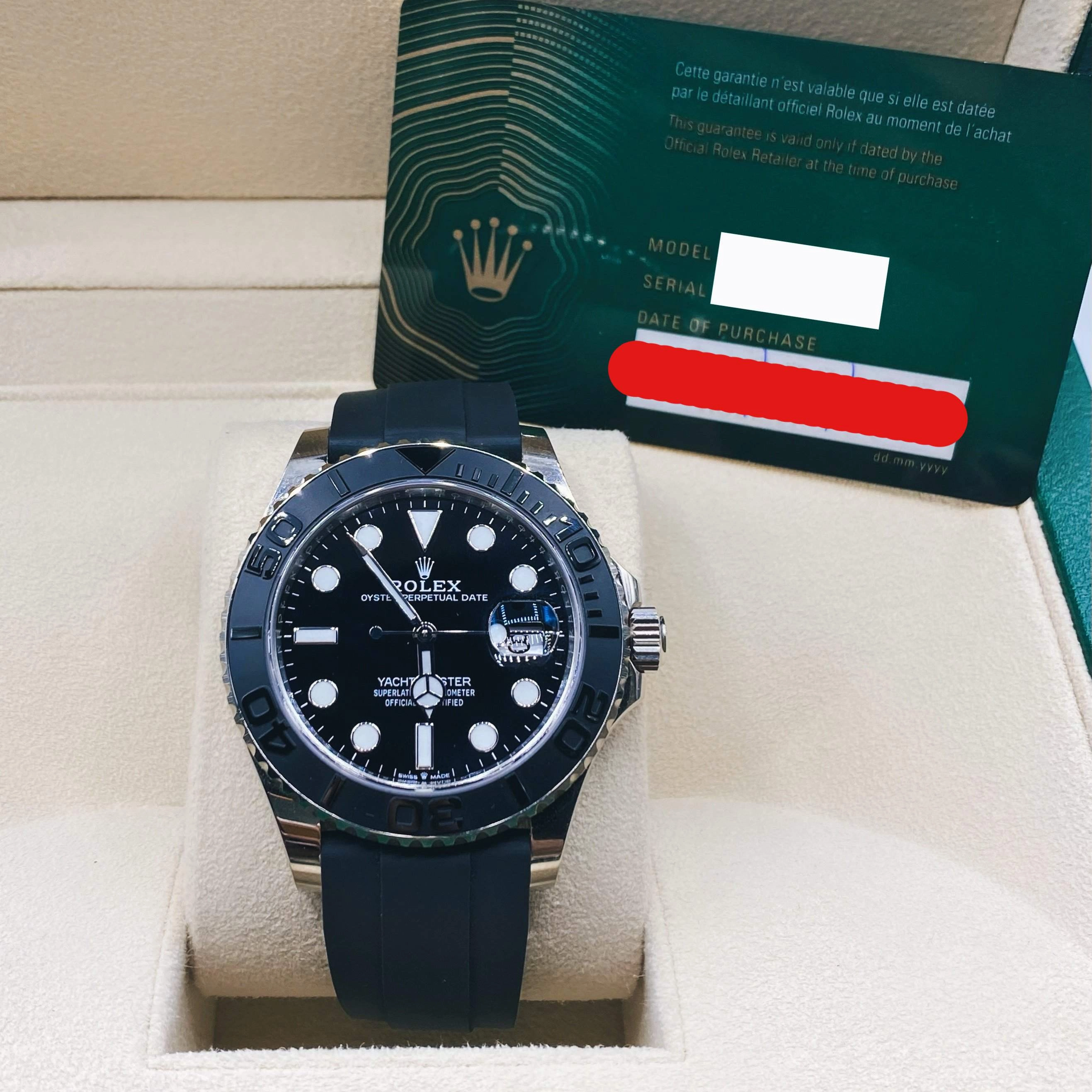 2021 complete Set UNWORN Rolex Yachtmaster 42mm - Ref: 226659-0002 - Black Dial & 18K White Gold Case, Black Oysterflex Bracelet Men's Watch