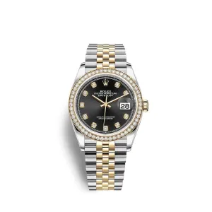 2024 Release Rolex Datejust 36mm - Ref: 126283rbr-0007 - Black Diamond Dial & Diamond Bezel, Two Tone Stainless Steel & 18K Yellow Gold Jubilee Bracelet Watch