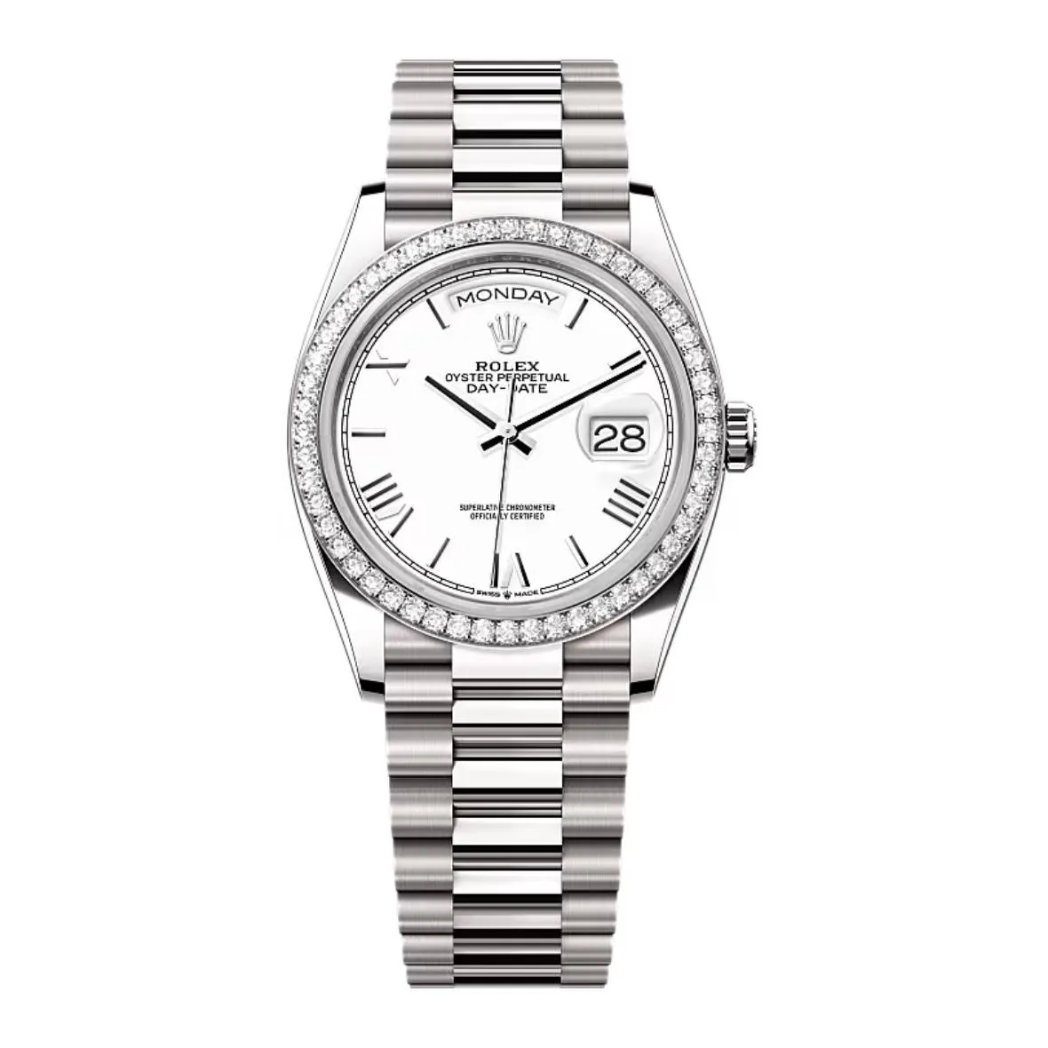2024 Release Rolex Day-Date 36 mm | 18k white gold President bracelet | White dial Diamond bezel | Men's Watch 128349RBR