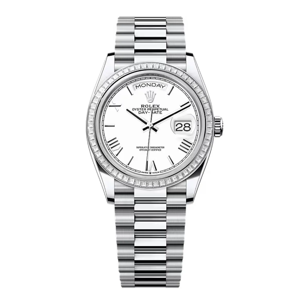 2024 Release Rolex Day-Date 36 mm | Platinum President bracelet | White dial Diamond bezel | Men's Watch 128396TBR