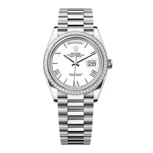 2024 Release Rolex Day-Date 36 mm | Platinum President bracelet | White dial Diamond bezel | Men's Watch 128396TBR