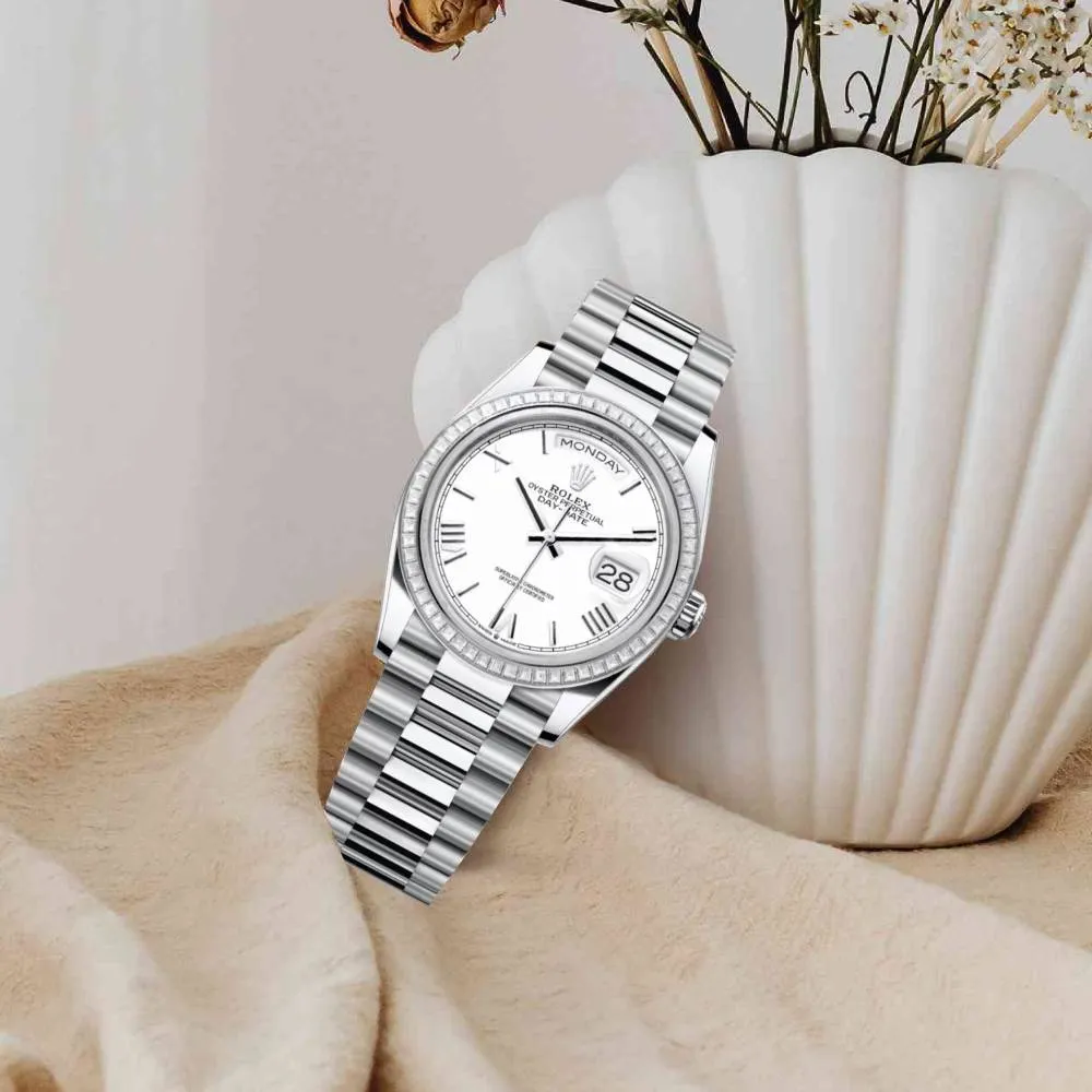 2024 Release Rolex Day-Date 36 mm | Platinum President bracelet | White dial Diamond bezel | Men's Watch 128396TBR