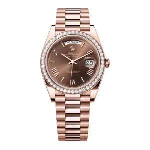 2024 Release Rolex Day-Date 40 mm | 18k Everose gold President bracelet | Chocolate Roman dial Diamond bezel | Men's Watch 228345RBR