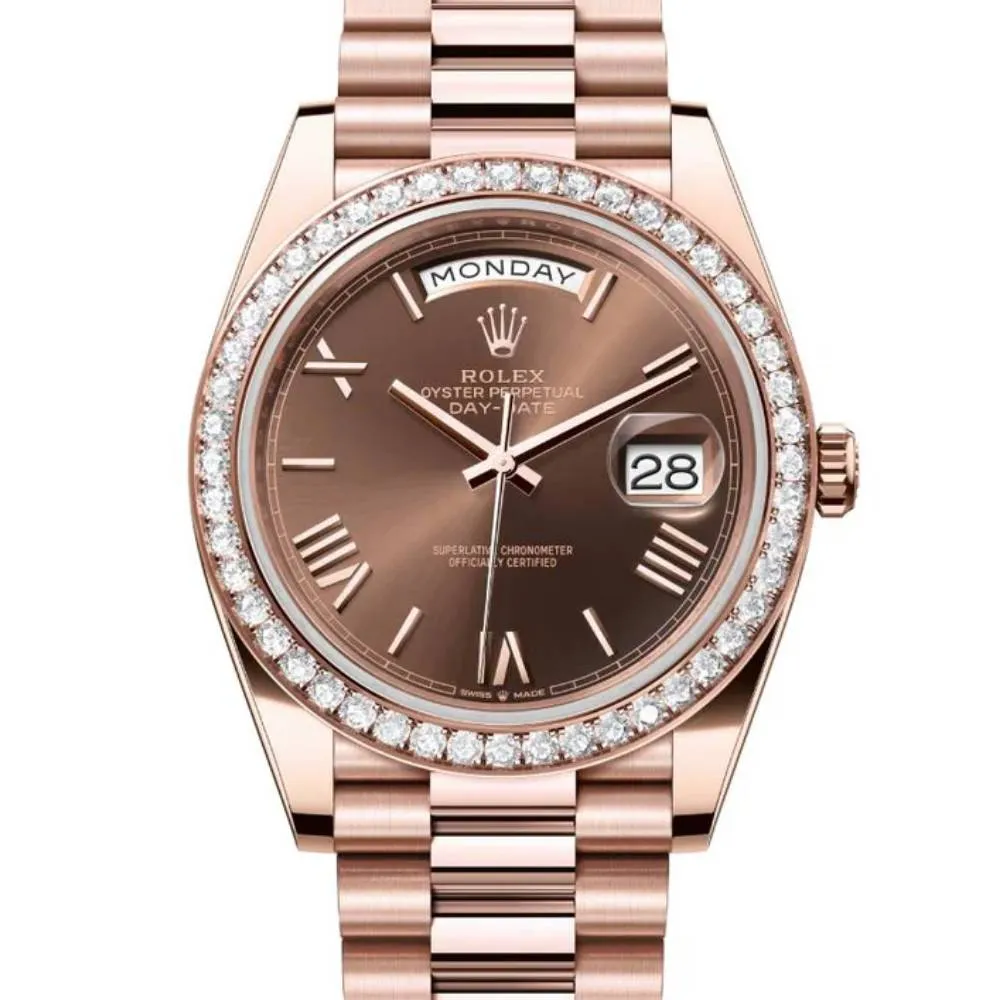 2024 Release Rolex Day-Date 40 mm | 18k Everose gold President bracelet | Chocolate Roman dial Diamond bezel | Men's Watch 228345RBR
