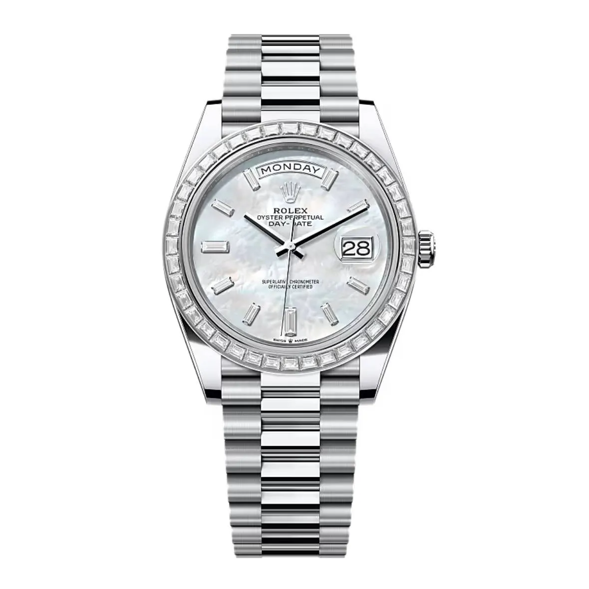 2024 Release Rolex Day Date 40mm - Ref: 228396TBR-0043 - White Mother of Pearl Dial & Diamond Bezel, Platinum President Bracelet Men's Watch