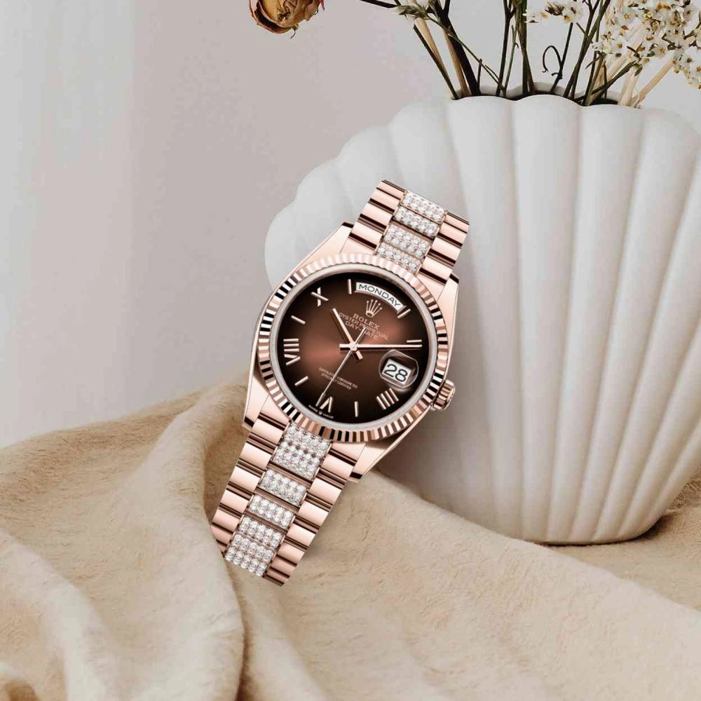 2024 Release Rolex Day-Date 36 mm | 18k Everose gold Diamond President bracelet | Brown ombr dial Fluted bezel | Men's Watch 128235