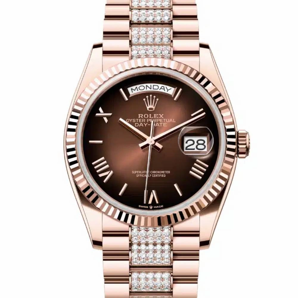 2024 Release Rolex Day-Date 36 mm | 18k Everose gold Diamond President bracelet | Brown ombr dial Fluted bezel | Men's Watch 128235