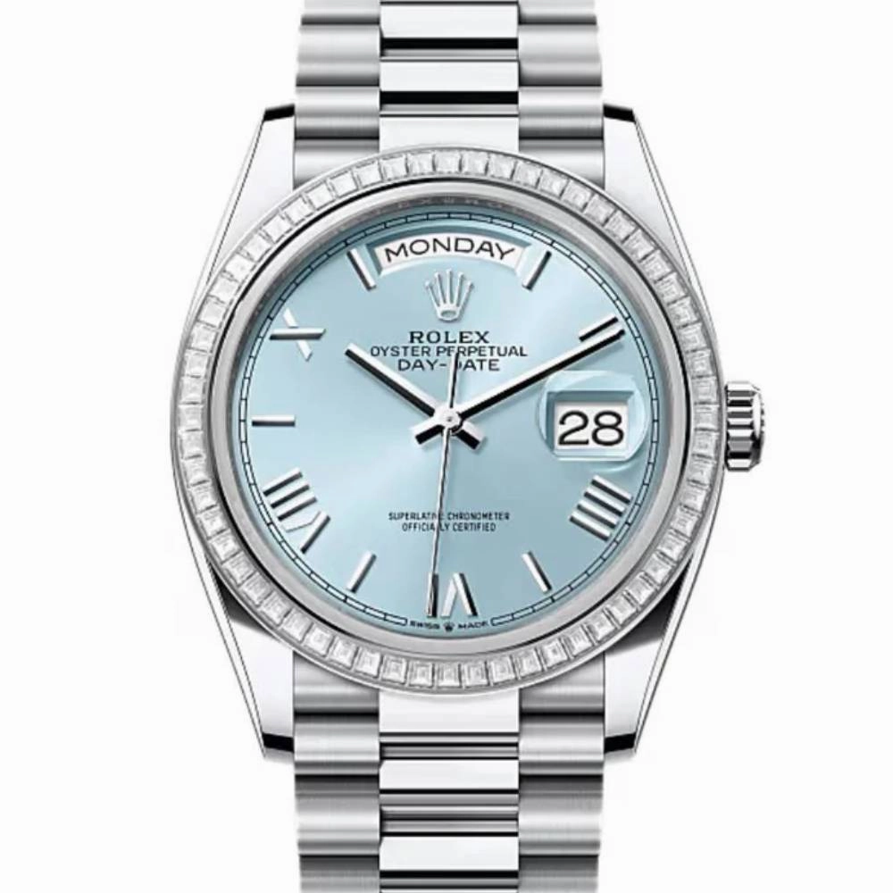 2024 Release Rolex Day-Date 36 mm | Platinum President bracelet | Ice blue dial Diamond bezel | Men's Watch 128396TBR