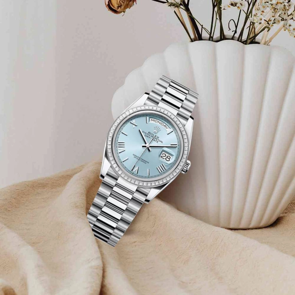 2024 Release Rolex Day-Date 36 mm | Platinum President bracelet | Ice blue dial Diamond bezel | Men's Watch 128396TBR