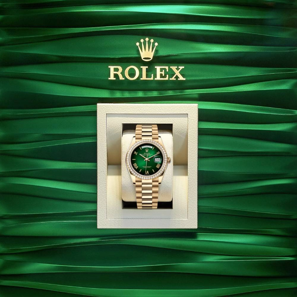 2024 Release Rolex Day-Date 36mm - Ref: 128348rbr-0068 - Green Ombre Dial & Diamond Bezel, 18K Yellow Gold Presidential Bracelet Watch
