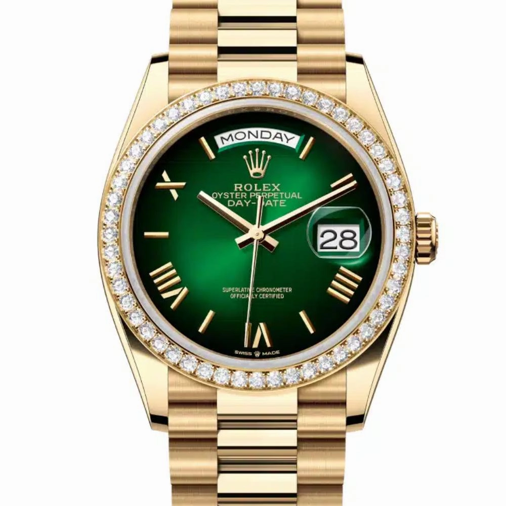 2024 Release Rolex Day-Date 36mm - Ref: 128348rbr-0068 - Green Ombre Dial & Diamond Bezel, 18K Yellow Gold Presidential Bracelet Watch