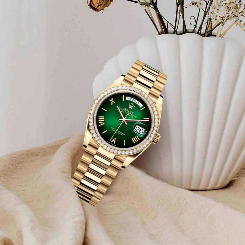 2024 Release Rolex Day-Date 36mm - Ref: 128348rbr-0068 - Green Ombre Dial & Diamond Bezel, 18K Yellow Gold Presidential Bracelet Watch