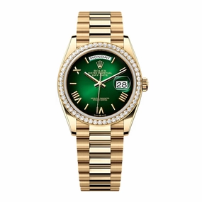 2024 Release Rolex Day-Date 36mm - Ref: 128348rbr-0068 - Green Ombre Dial & Diamond Bezel, 18K Yellow Gold Presidential Bracelet Watch