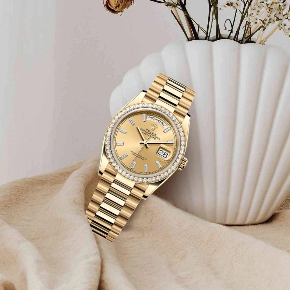 2024 Release Rolex Day-Date 36mm - Ref: 128348rbr-0080 - Champagne Diamond Dial & Diamond Bezel, 18K Yellow Gold Diamond Presidential Bracelet Watch