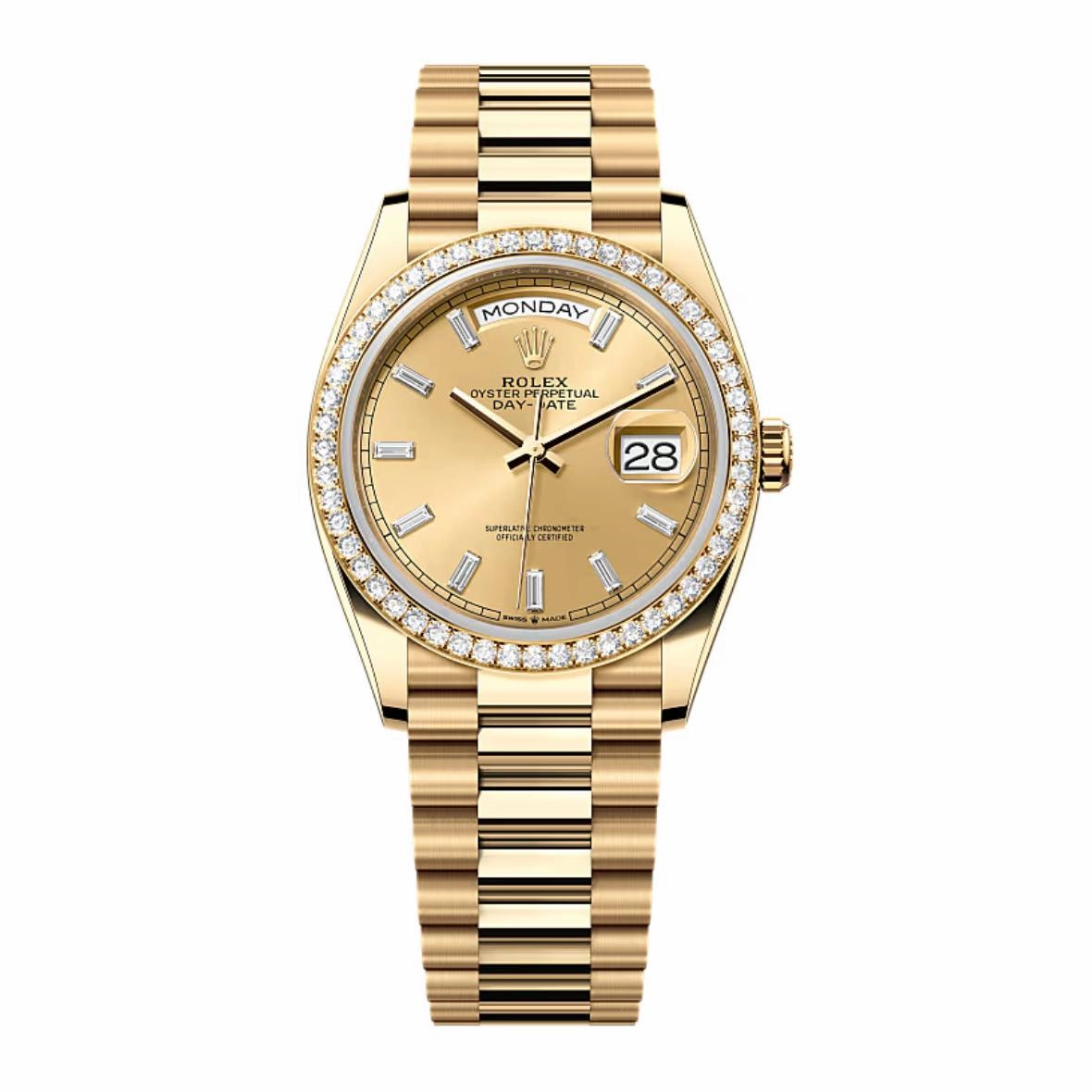 2024 Release Rolex Day-Date 36mm - Ref: 128348rbr-0080 - Champagne Diamond Dial & Diamond Bezel, 18K Yellow Gold Diamond Presidential Bracelet Watch