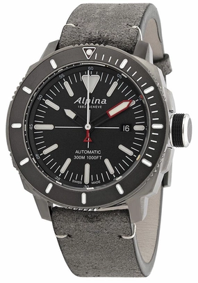 Alpina Seastrong Diver 300 Automatic Titanium PVD Case Grey Leather Strap Grey Dial Interchangeable Black Rubber Strap Date Mens Watch AL-525LGGW4TV6