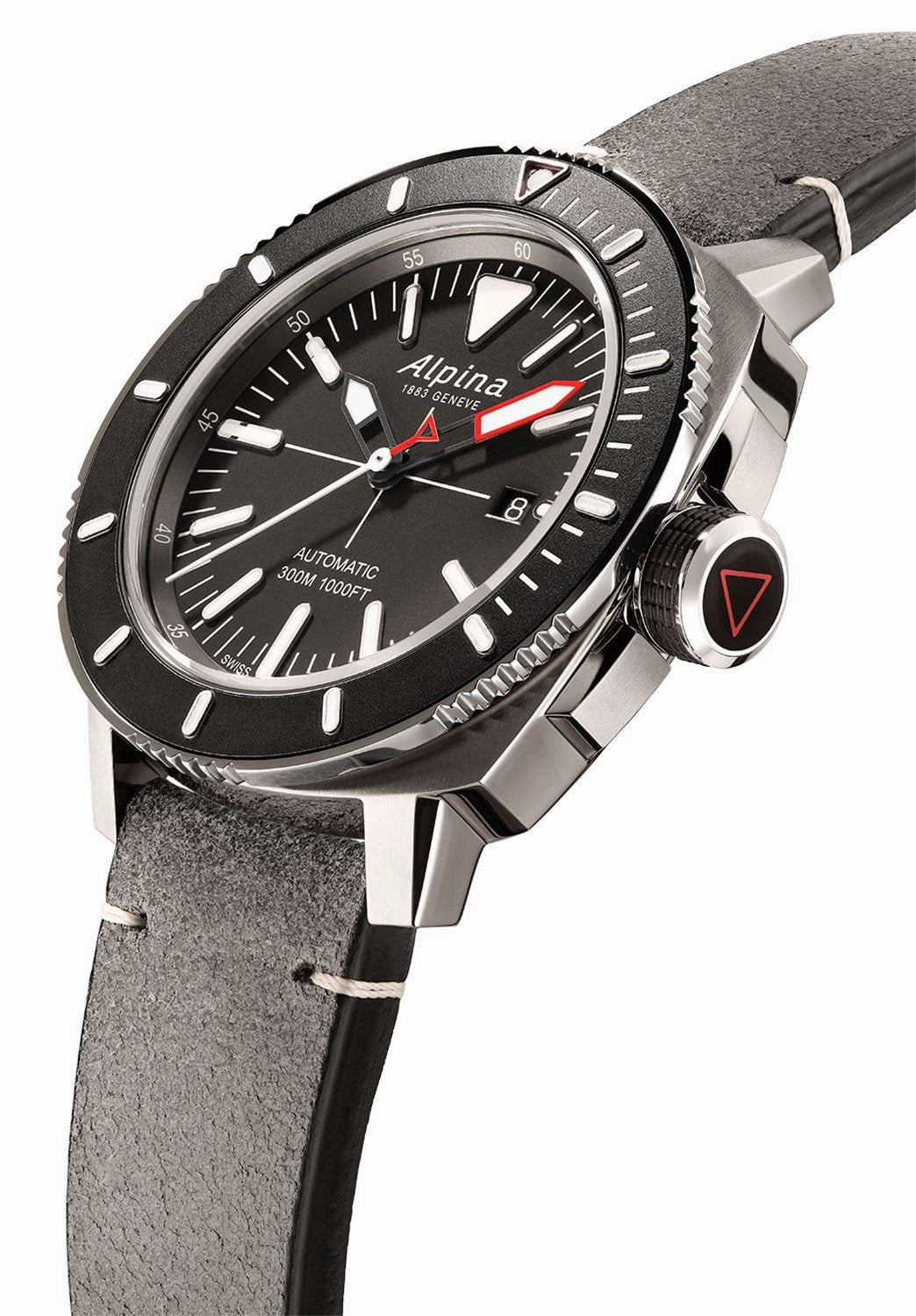Alpina Seastrong Diver 300 Automatic Titanium PVD Case Grey Leather Strap Grey Dial Interchangeable Black Rubber Strap Date Mens Watch AL-525LGGW4TV6