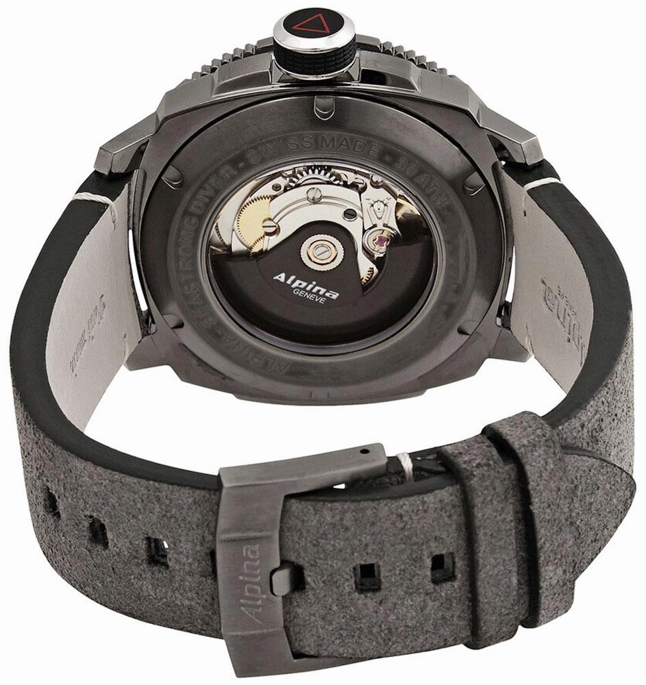 Alpina Seastrong Diver 300 Automatic Titanium PVD Case Grey Leather Strap Grey Dial Interchangeable Black Rubber Strap Date Mens Watch AL-525LGGW4TV6