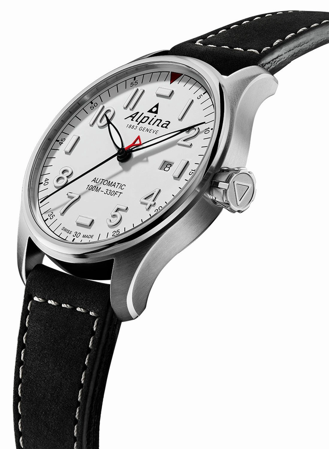 Alpina Startimer Pilot Automatic Stainless Steel Black Leather Strap White Dial Date Mens Watch AL-525S4S6