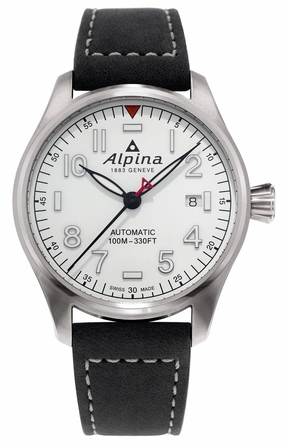 Alpina Startimer Pilot Automatic Stainless Steel Black Leather Strap White Dial Date Mens Watch AL-525S4S6