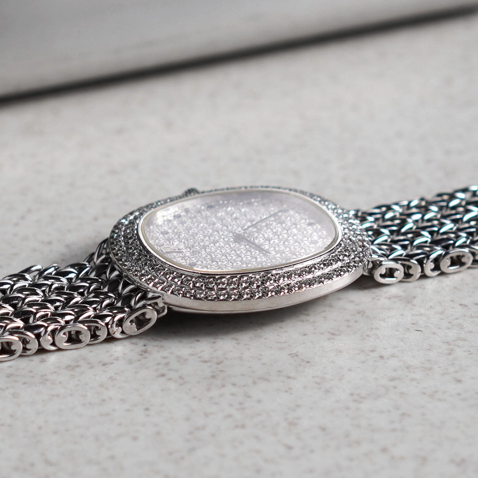 Audemars Piguet Oval-shaped Wristwatch, Diamond Bezel and Pav Diamond Dial with Sapphires, White Gold