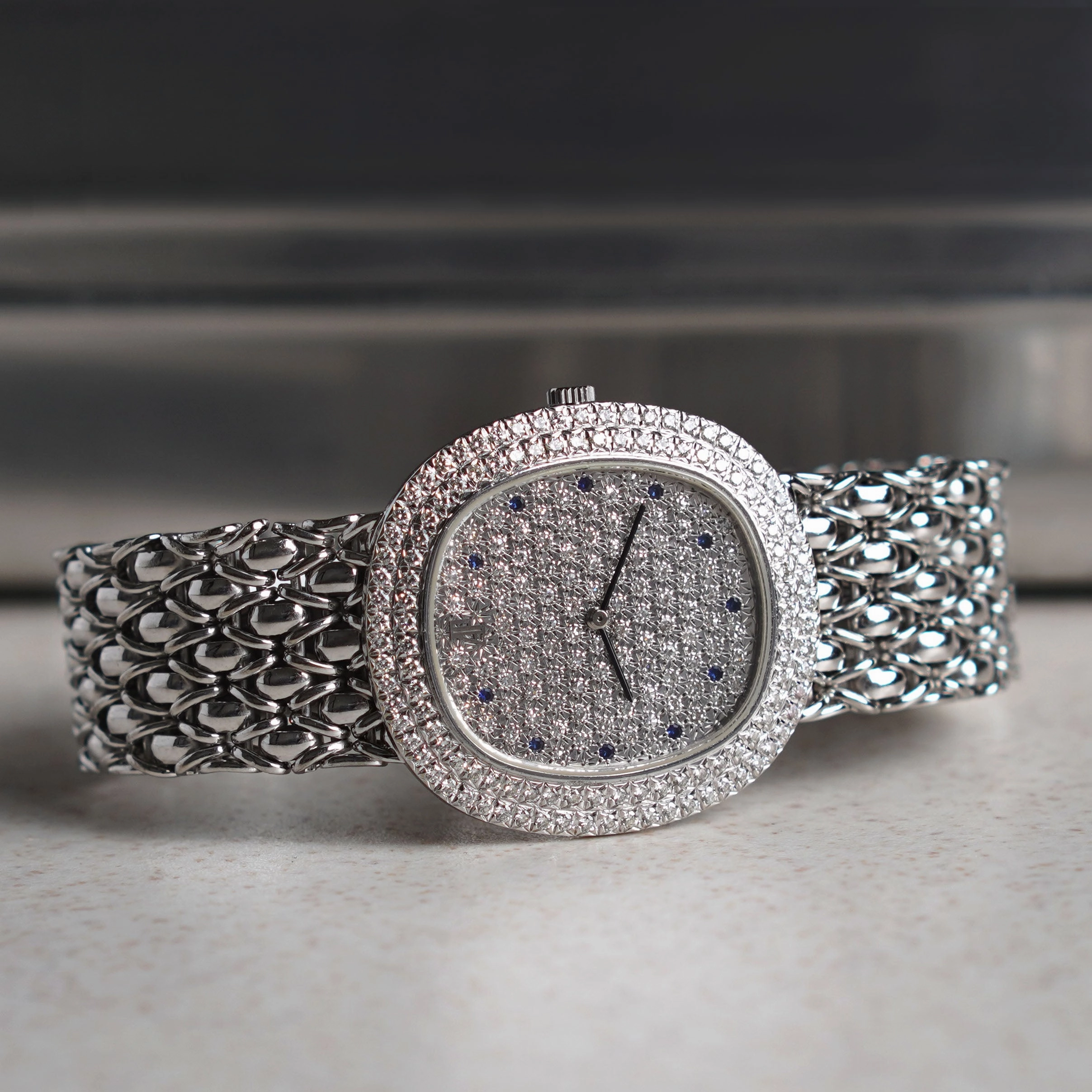Audemars Piguet Oval-shaped Wristwatch, Diamond Bezel and Pav Diamond Dial with Sapphires, White Gold