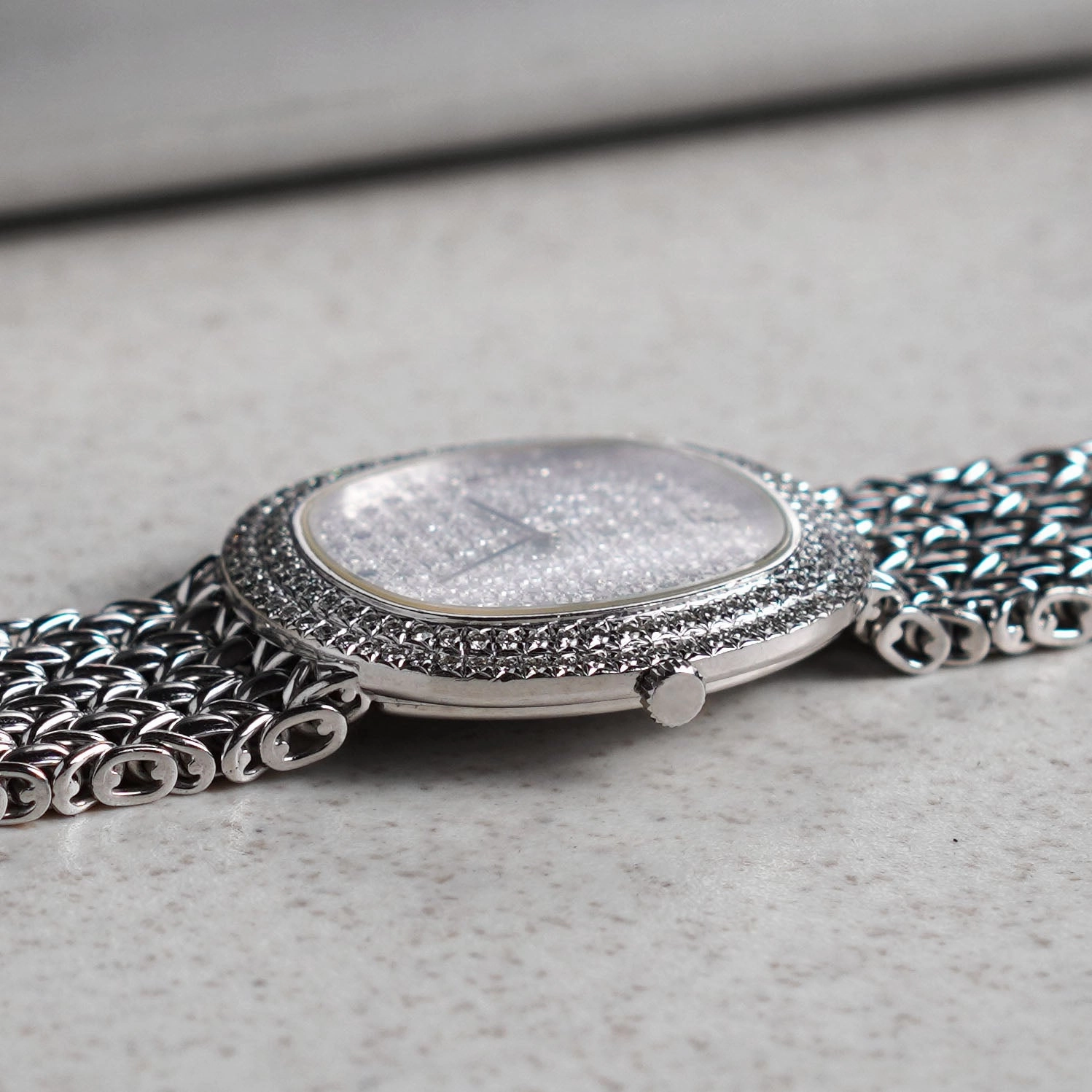 Audemars Piguet Oval-shaped Wristwatch, Diamond Bezel and Pav Diamond Dial with Sapphires, White Gold