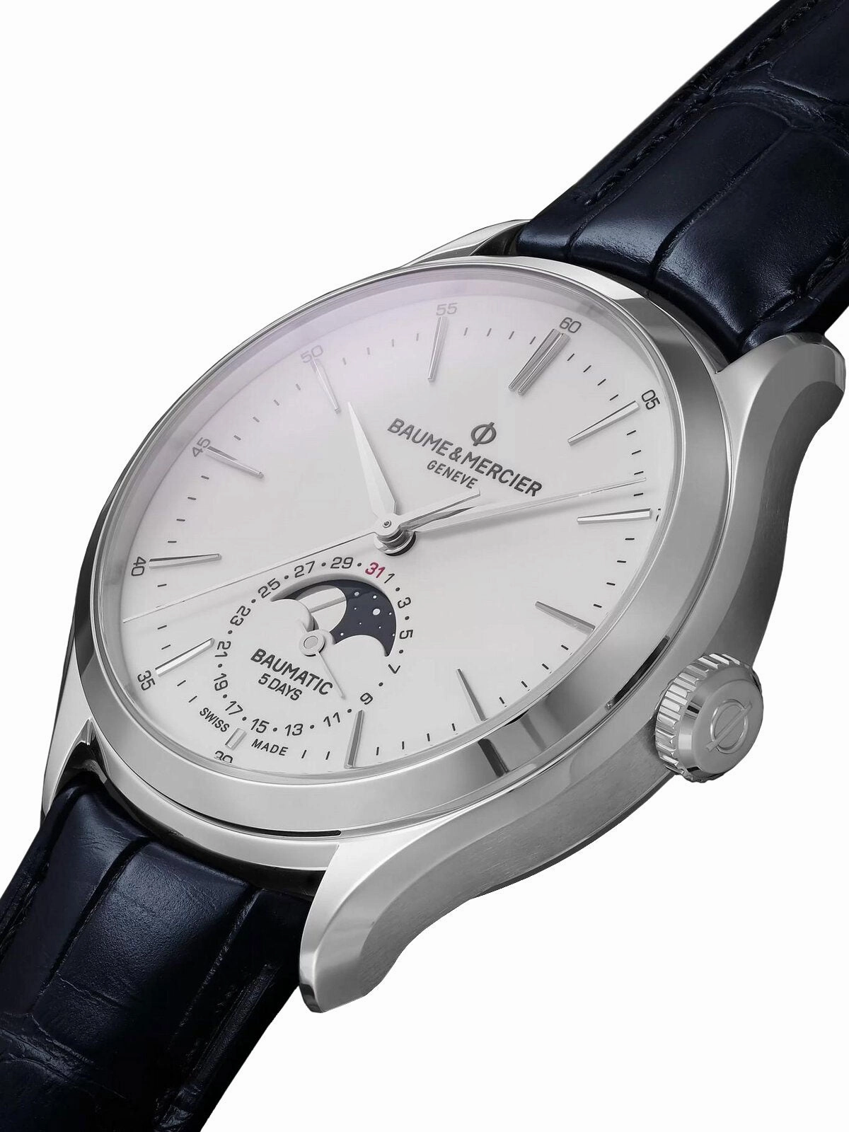Baume & Mercier Clifton Baumatic Automatic Stainless Steel White Dial Blue Leather Strap Moonphase Date Mens Watch M0A10549