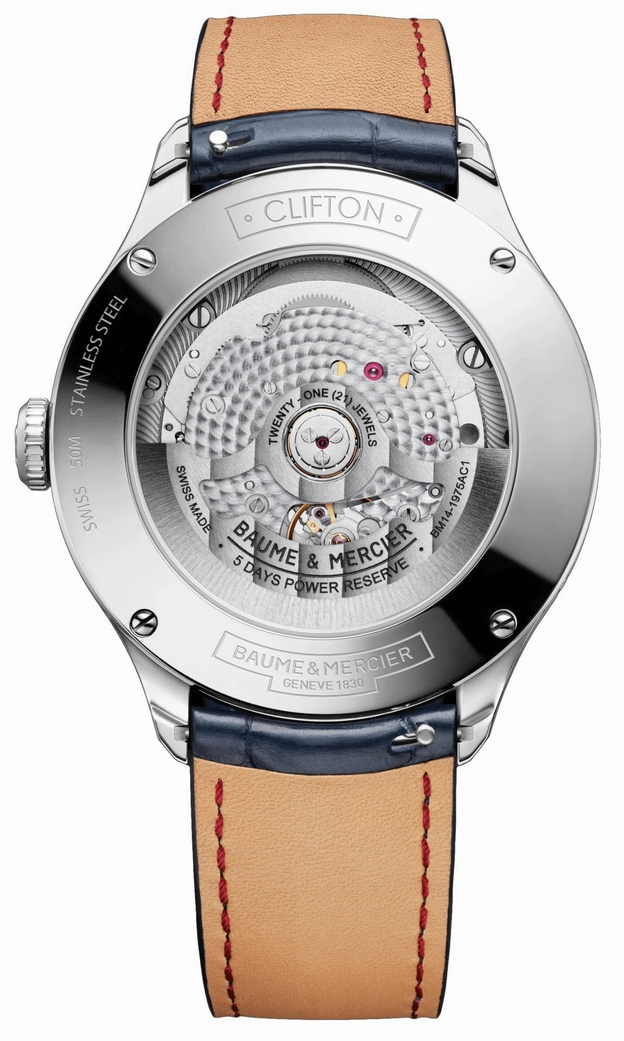 Baume & Mercier Clifton Baumatic Automatic Stainless Steel White Dial Blue Leather Strap Moonphase Date Mens Watch M0A10549