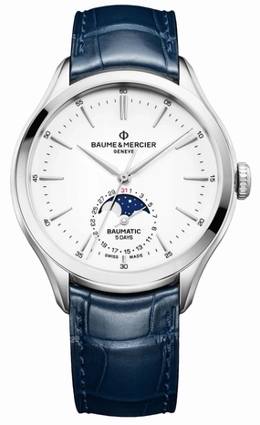 Baume & Mercier Clifton Baumatic Automatic Stainless Steel White Dial Blue Leather Strap Moonphase Date Mens Watch M0A10549