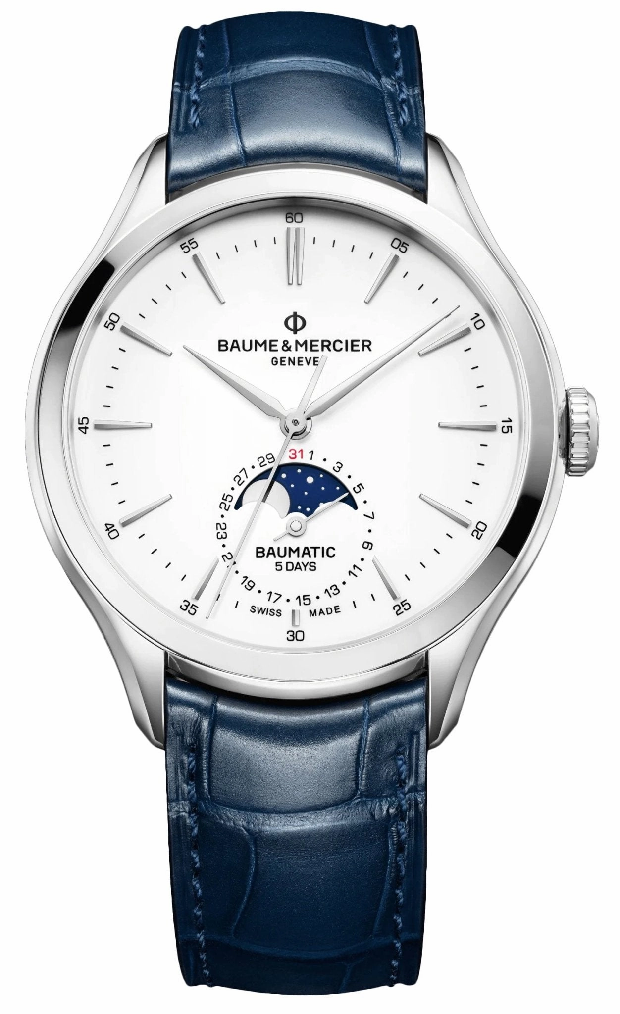 Baume & Mercier Clifton Baumatic Automatic Stainless Steel White Dial Blue Leather Strap Moonphase Date Mens Watch M0A10549