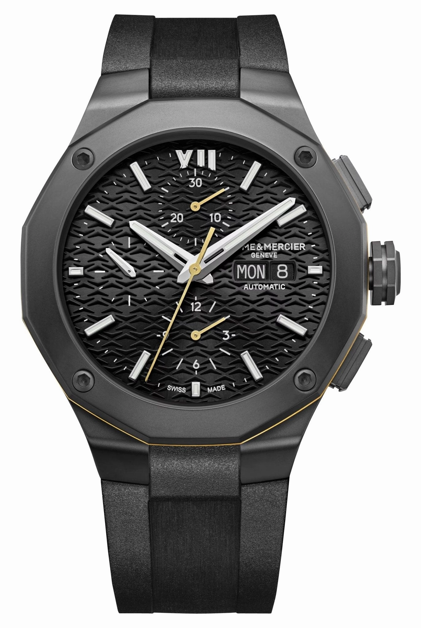 Baume & Mercier Riviera Automatic Chronograph Black ADLC Black Dial Black Rubber Strap Day/Date Mens Watch M0A10625