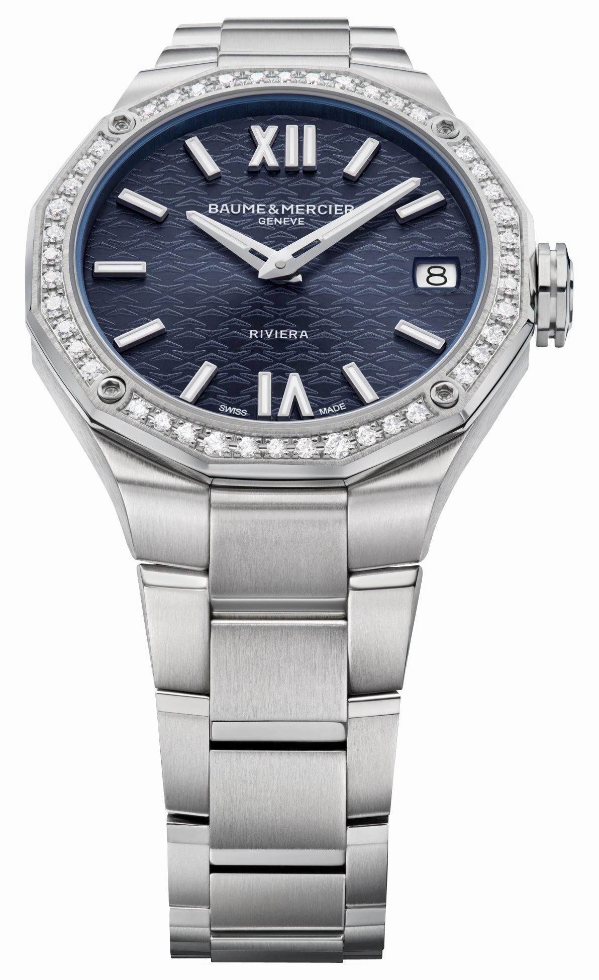 Baume & Mercier Riviera Stainless Steel Blue Dial Diamonds Date Quartz Womens Watch M0A10765