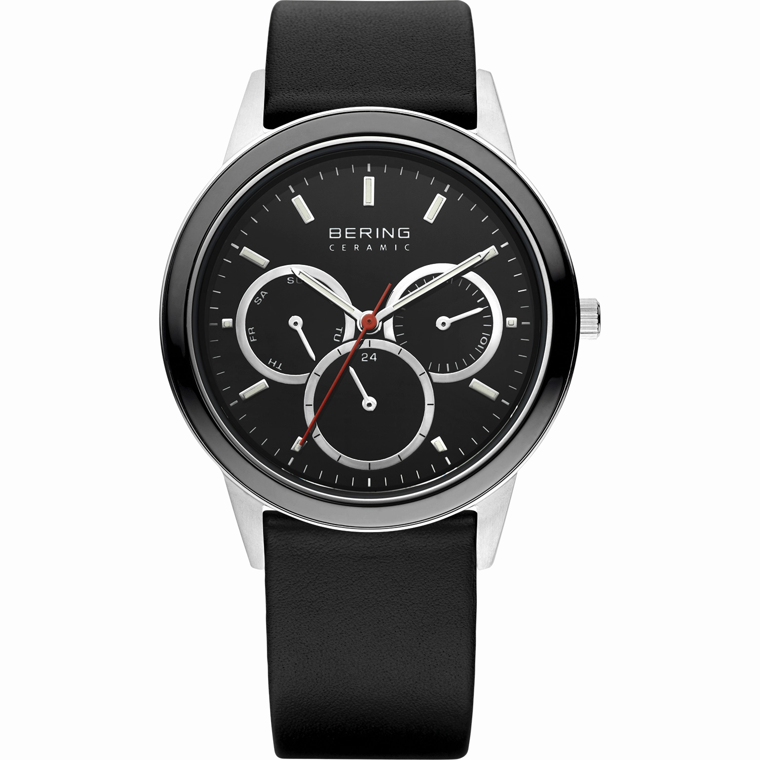 Bering - Gents Multi function Black Ceramic Bezel Black Leather Watch