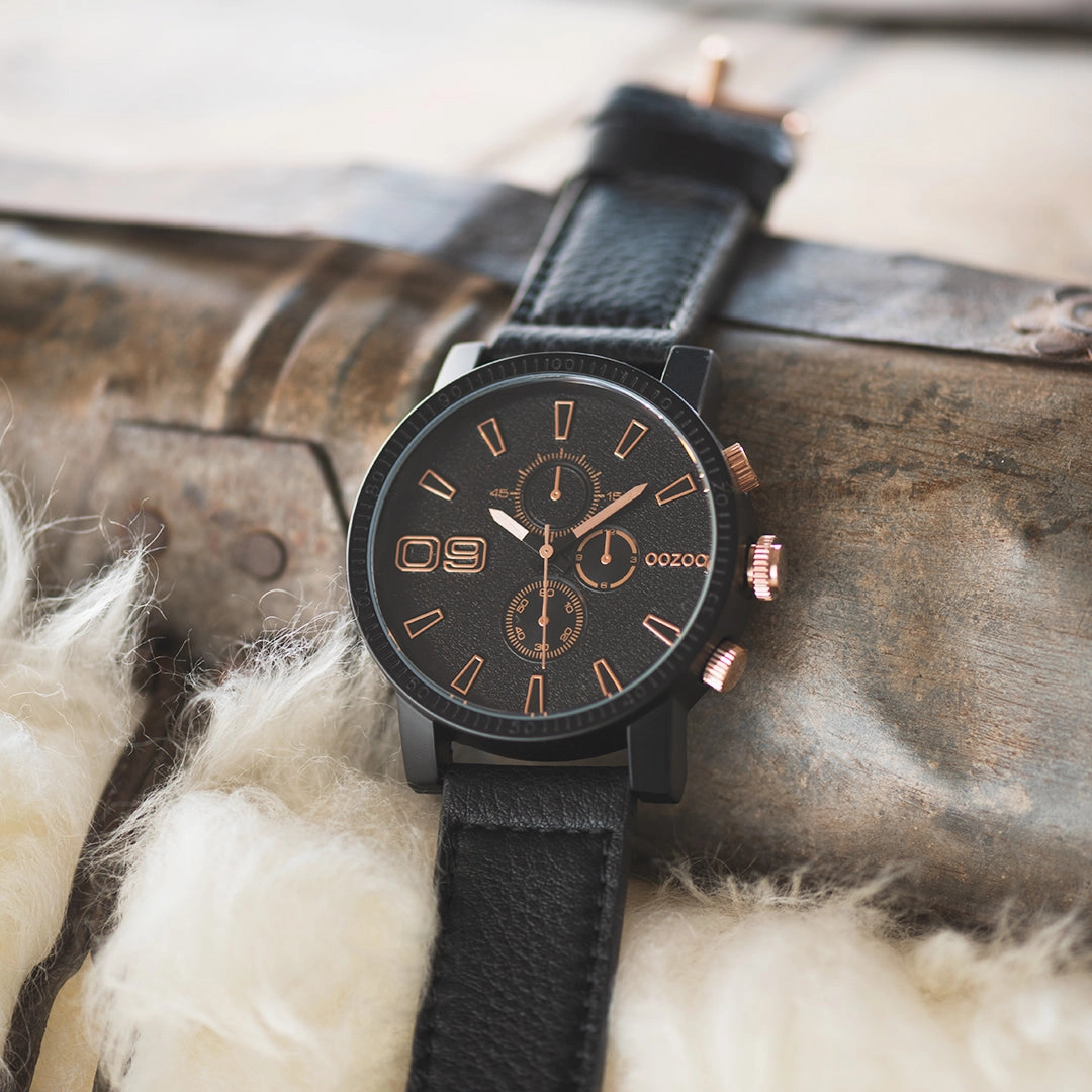 Black OOZOO watch with black leather strap - C9034