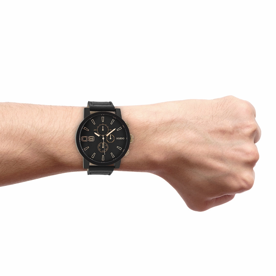 Black OOZOO watch with black leather strap - C9034