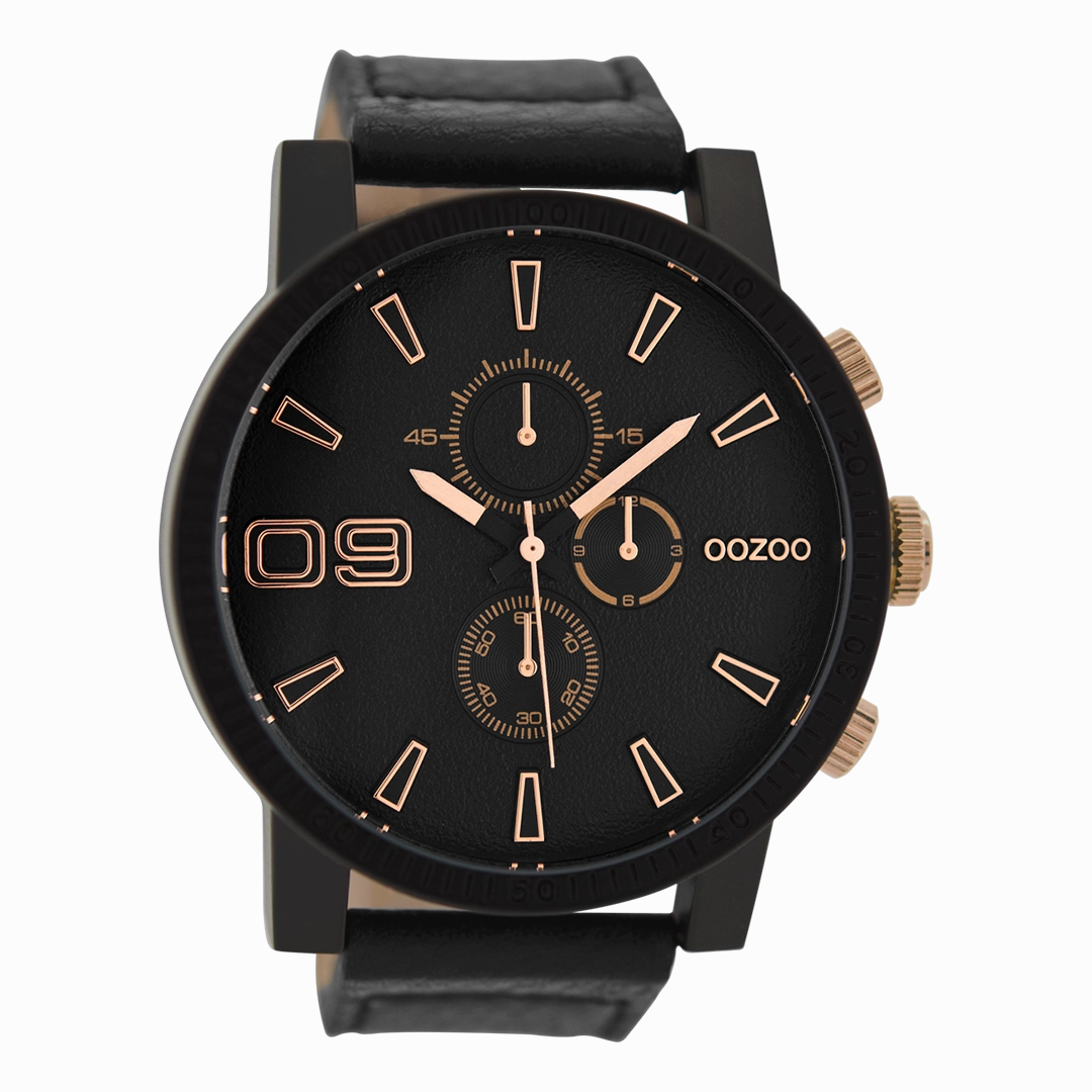 Black OOZOO watch with black leather strap - C9034