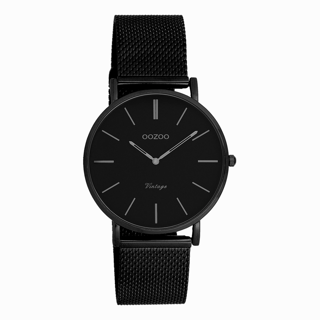 Black OOZOO watch with black metal mesh bracelet - C9934