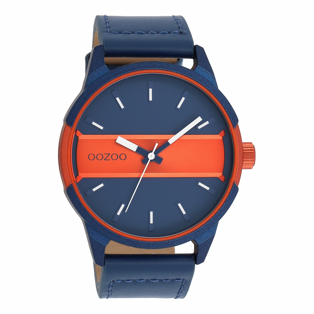 Blue/fluo orange OOZOO watch with blue leather strap - C11232