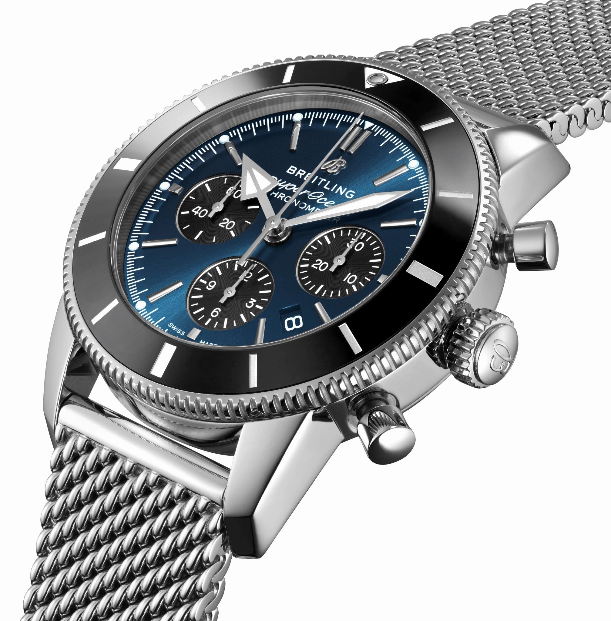 Breitling Superocean Heritage Automatic Chronograph Stainless Steel Blue Dial Mesh Date Divers Mens Watch AB0162121C1A1