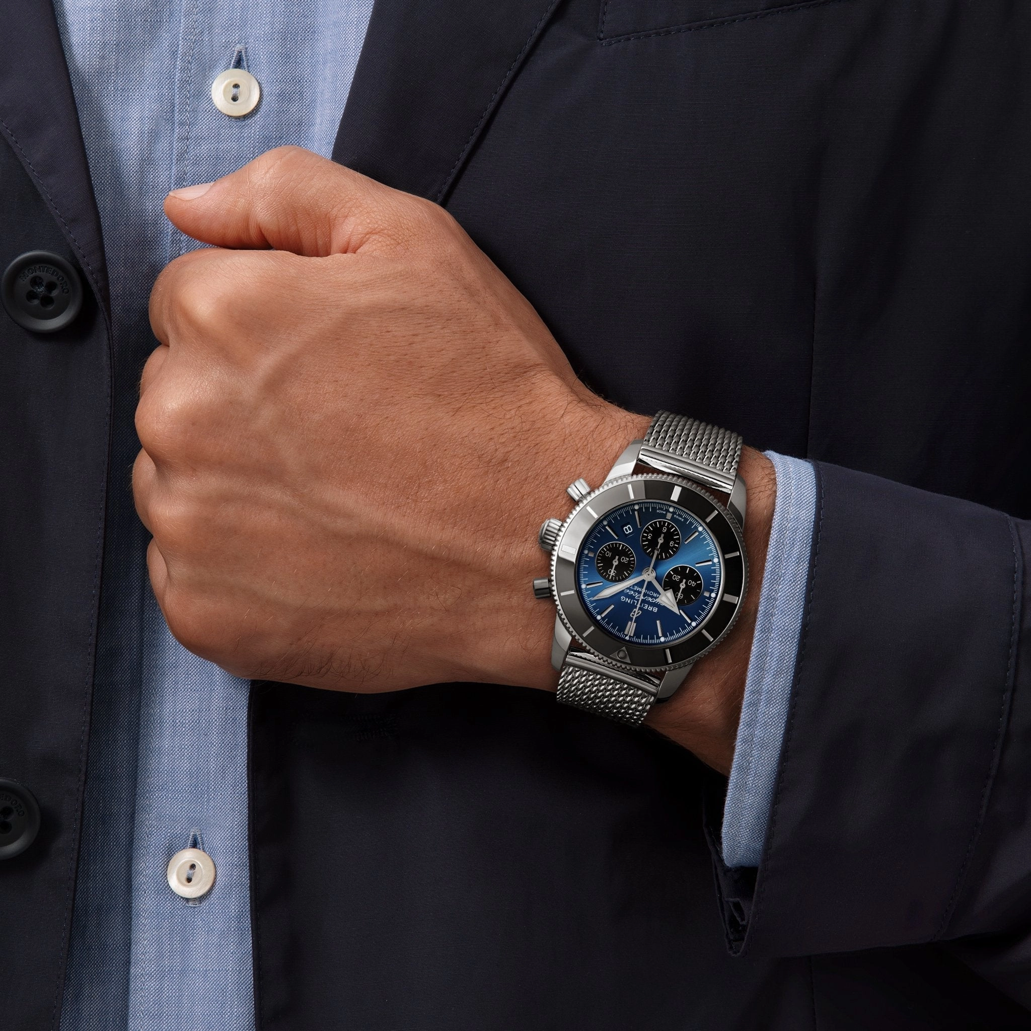Breitling Superocean Heritage Automatic Chronograph Stainless Steel Blue Dial Mesh Date Divers Mens Watch AB0162121C1A1