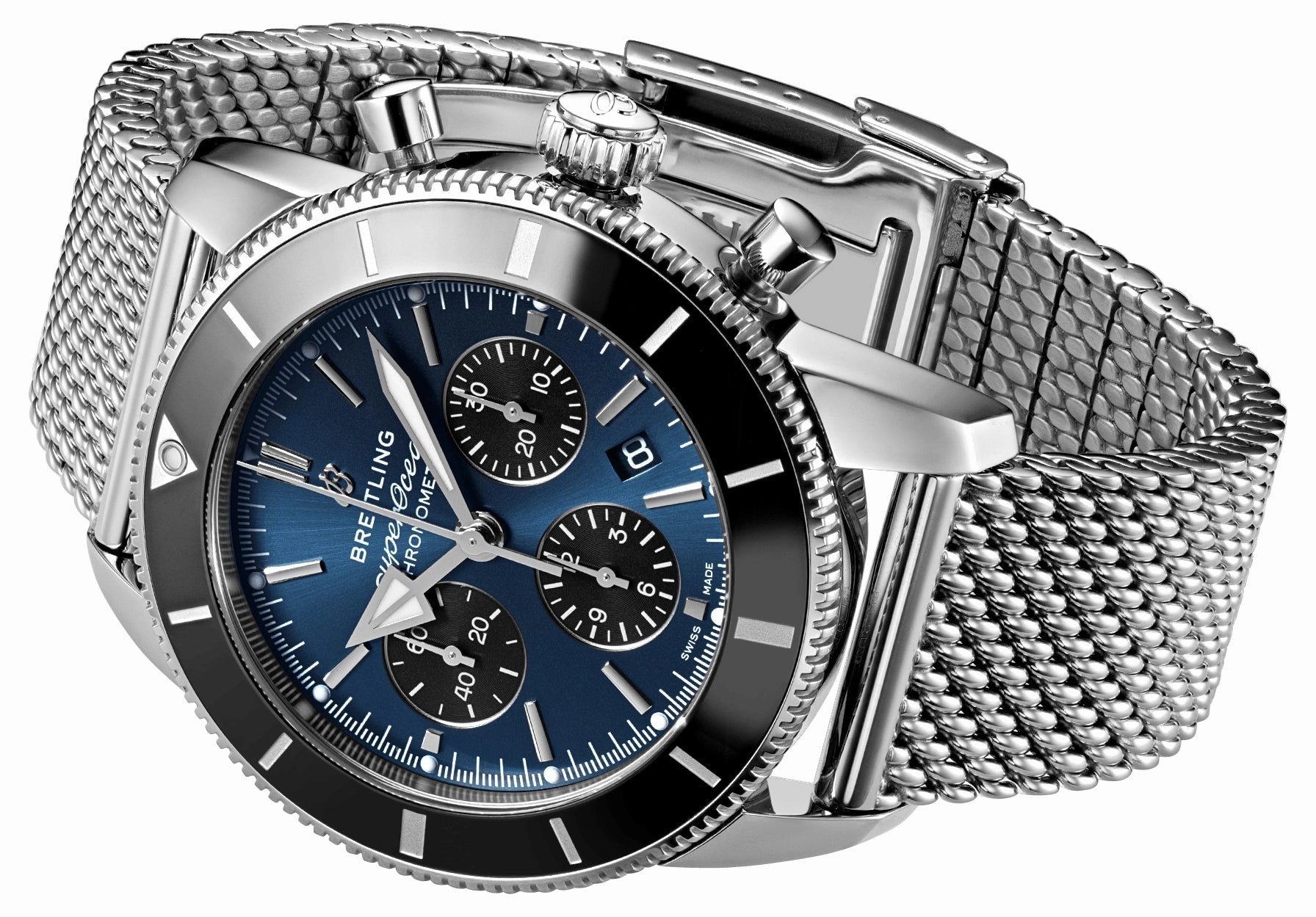 Breitling Superocean Heritage Automatic Chronograph Stainless Steel Blue Dial Mesh Date Divers Mens Watch AB0162121C1A1