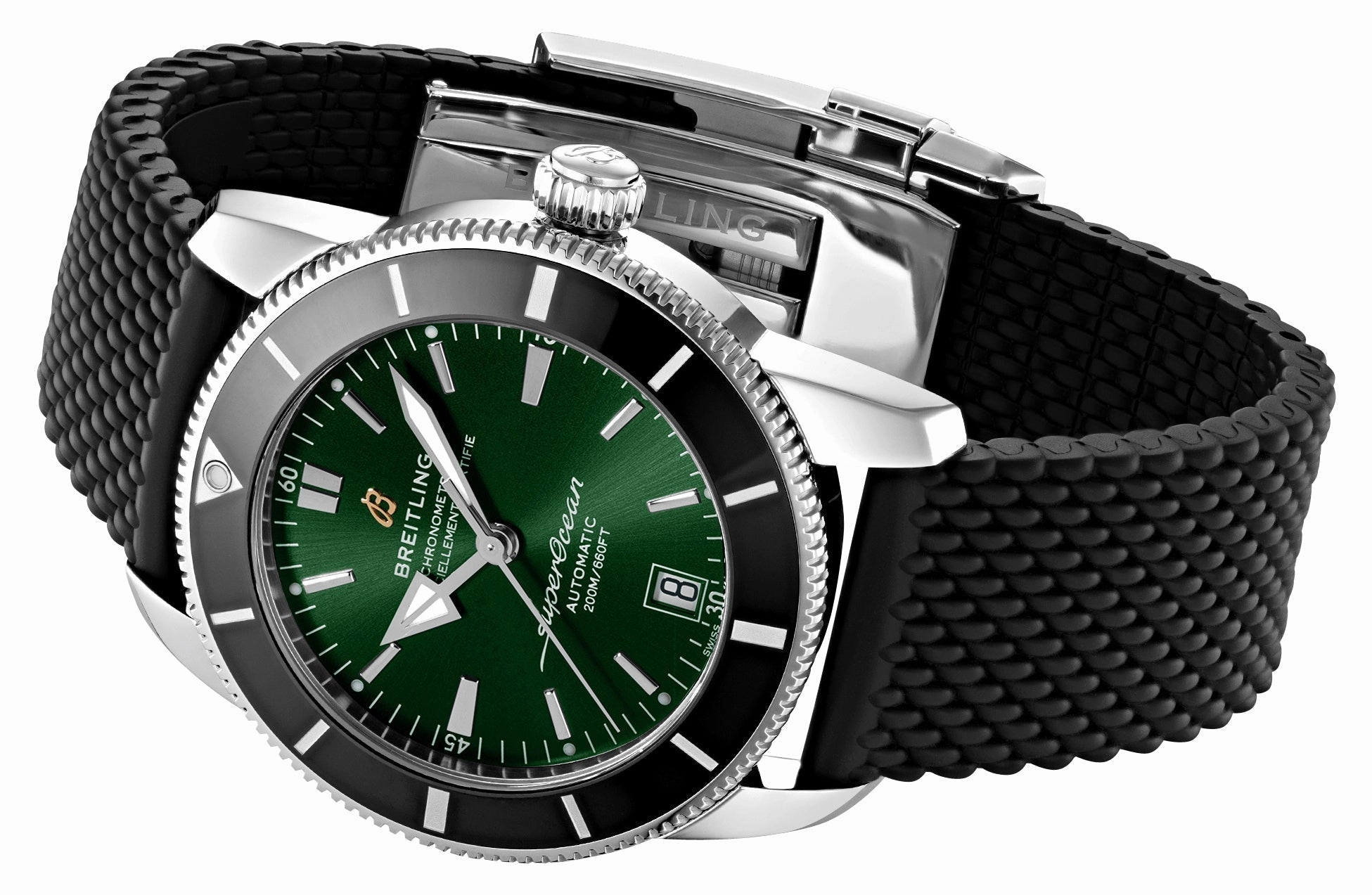 Breitling Superocean Heritage Automatic Chronometer Stainless Steel Green Dial Black Rubber Strap Date Divers Mens Watch AB2010121L1S1