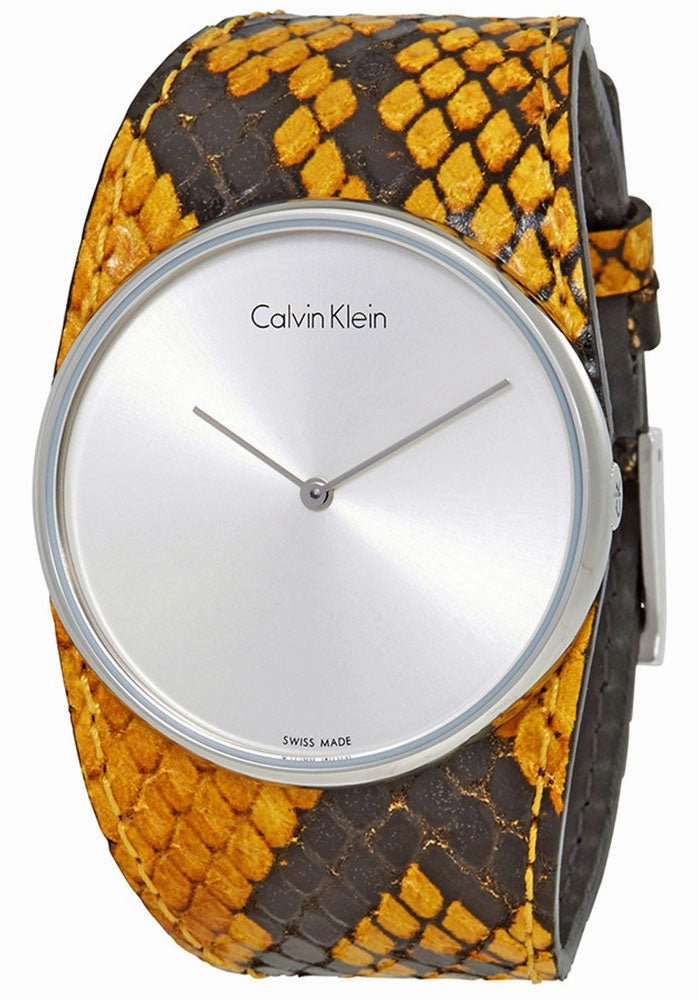 Calvin Klein Spellbound Yellow and Black Leather Silver Dial Quartz Womens Watch K2E23626
