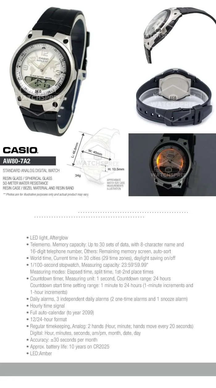 Casio AW-80-7A2 Black Resin Watch for Men and Women
