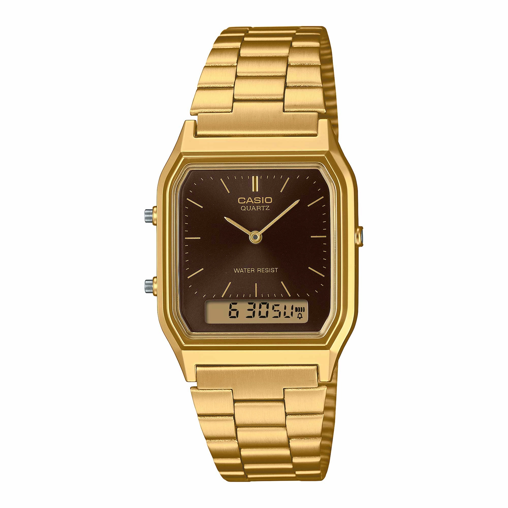 Casio Analog-Digital Vintage Style Dual Time Gold Ion Plated Stainless Steel Band Watch AQ230GA-5A AQ-230GA-5A
