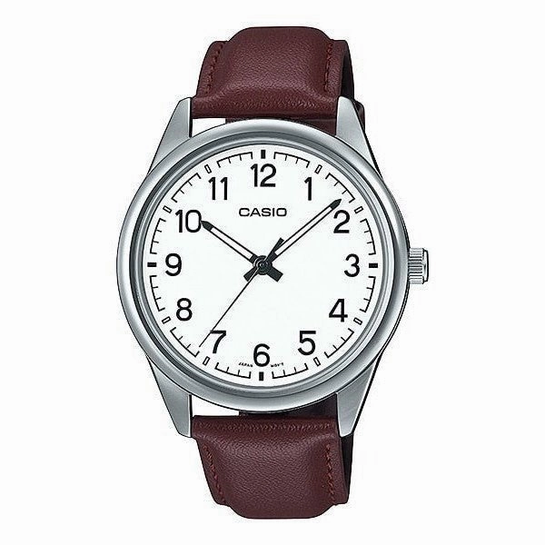 Casio Analog White Dial Brown Leather Strap Watch MTPV005L-7B4