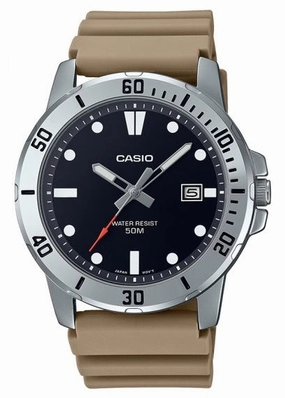 CASIO ANALOGUE BLACK DIAL BEIGE RESIN BAND MTPVD01-5E