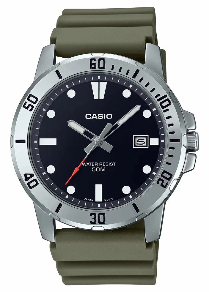 CASIO ANALOGUE BLACK DIAL OLIVE RESIN BAND MTPVD01-3E