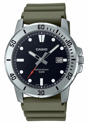 CASIO ANALOGUE BLACK DIAL OLIVE RESIN BAND MTPVD01-3E
